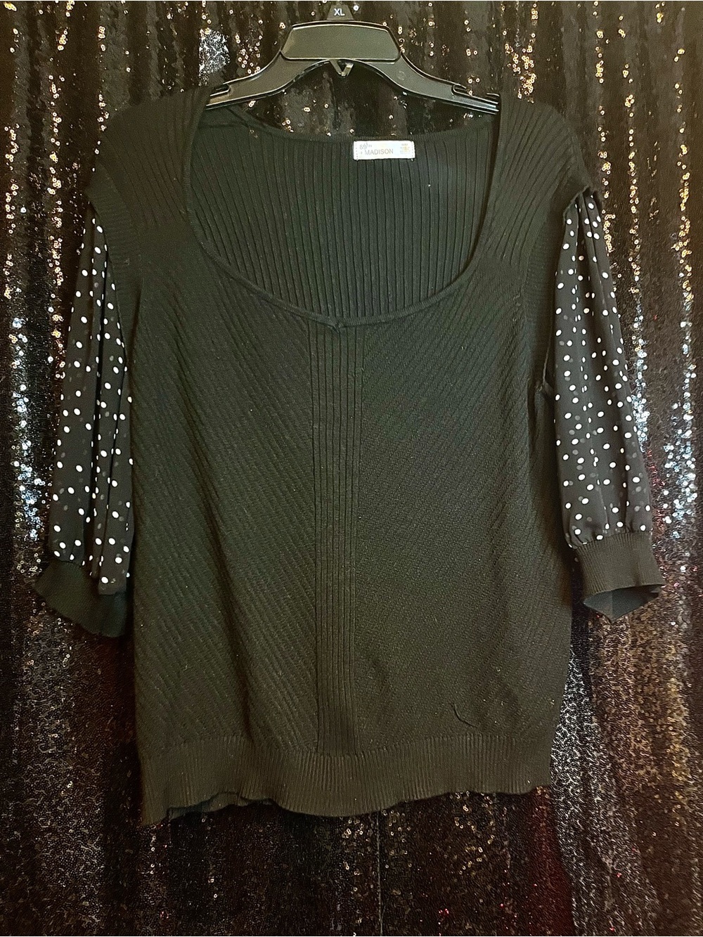 Black Mixed-Material Scoop Neck Sweater with Polka Dot Sleeves